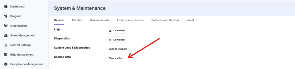 Settings > System & Maintenance > General, where eramba's cached data is cleared