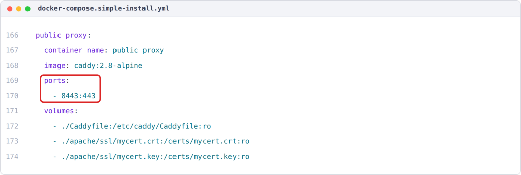 Step 6 — Configure HTTPS and Apache: the public_proxy service and its port mapping in docker-compose.simple-install.yml