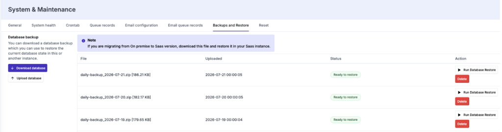 Settings > System & Maintenance > Backups and Restore: Download Database and Download Attachments