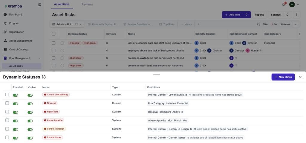 The illustrated risk-status condition checks whether at least one related Internal Control has its Low Maturity status active.