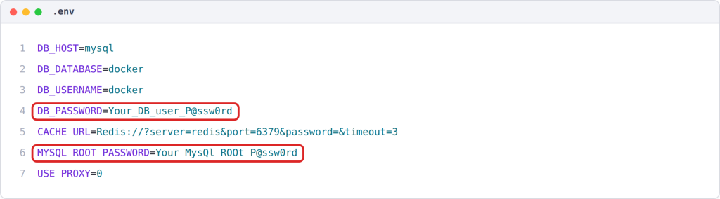 Step 2 — Configure Database Credentials: the DB_PASSWORD and MYSQL_ROOT_PASSWORD entries in the .env file