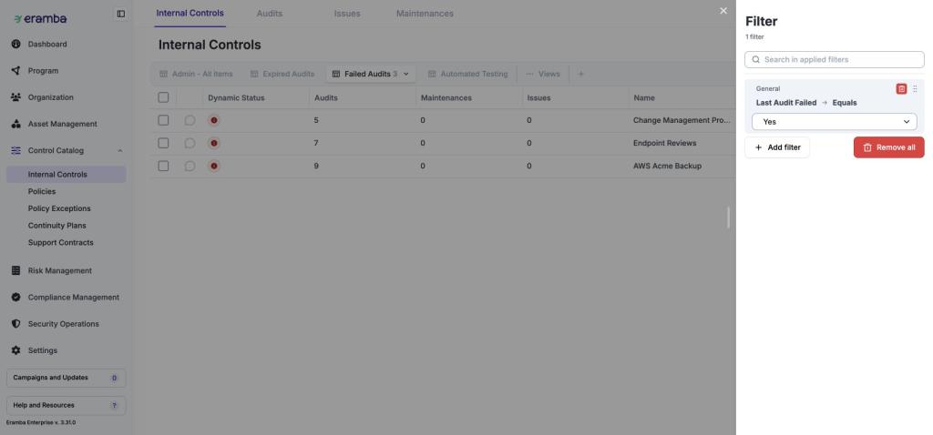 The filter panel uses Last Audit Failed → Equals → Yes to show controls with a failed last audit.