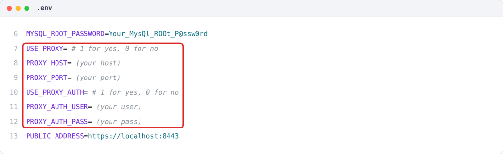 Step 4 — Configure a Proxy: the proxy settings in the .env file