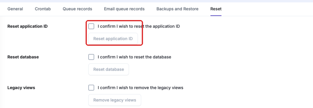 Resetting the application ID on the target system
