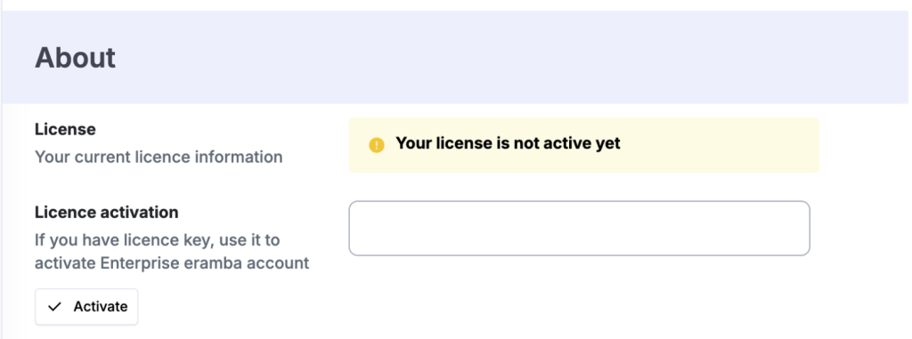 Settings > About, where the Enterprise license key is entered
