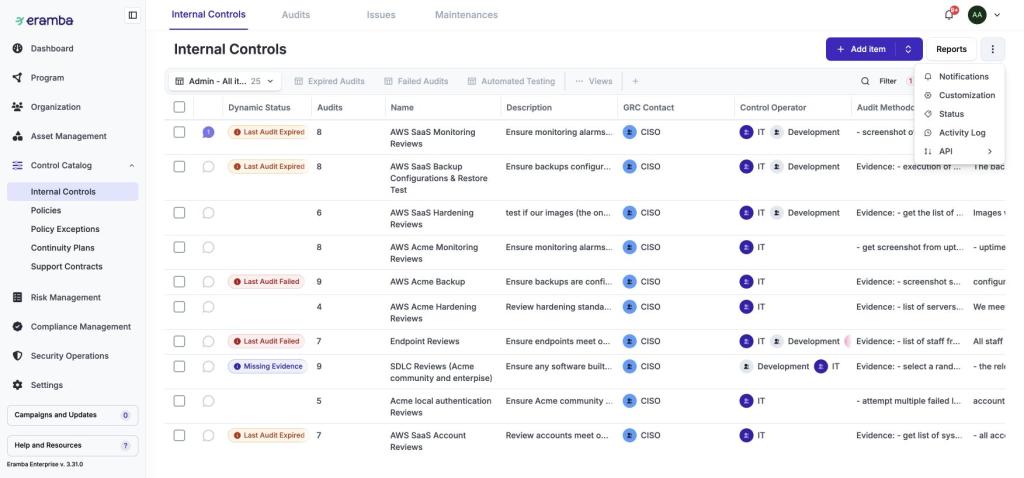 The Status option is in the module menu beside Reports. The current tab is Internal Controls.